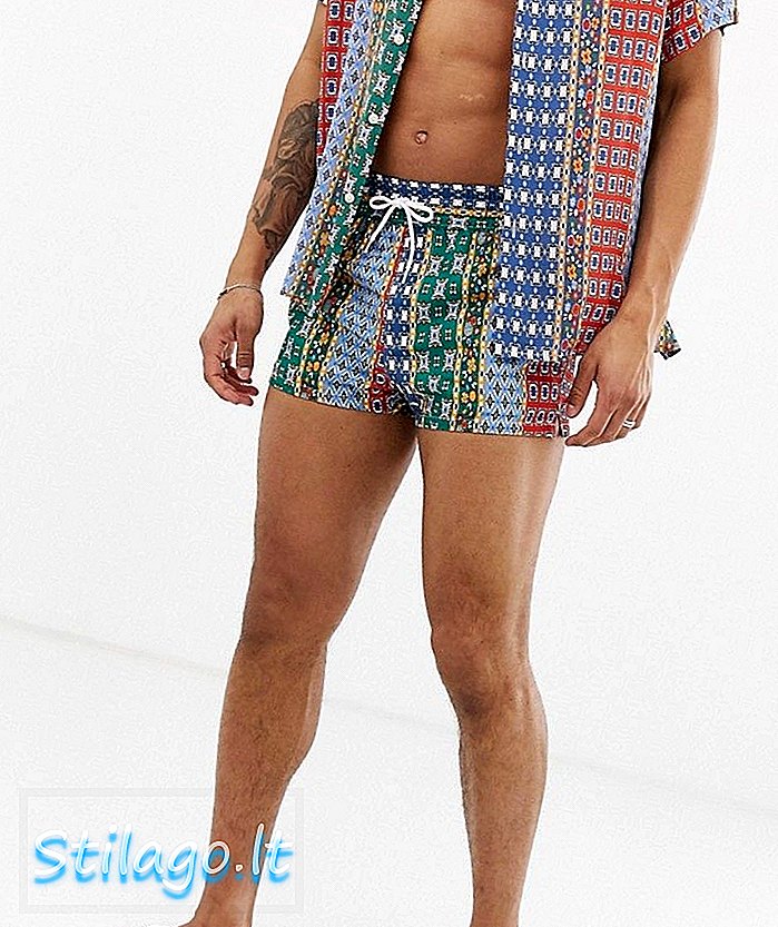 ASOS DESIGN - Pantaloncini da bagno in coordinato con stampa patchwork in lunghezza super corta-Multi