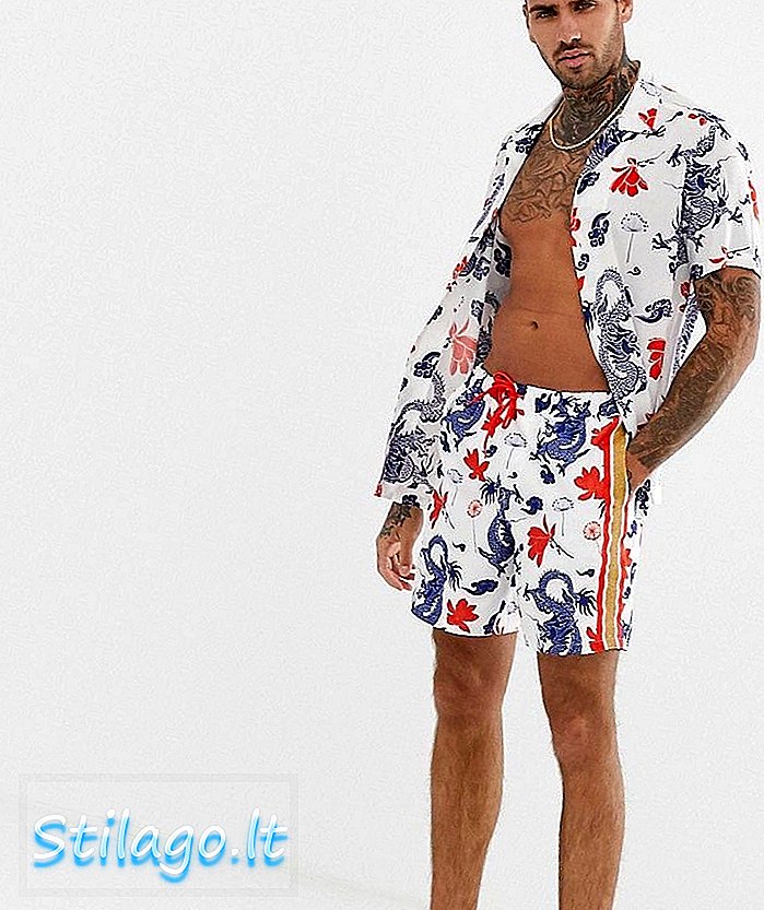 ASOS DESIGN samkjørt svømmeshorts med dragonprint og sidetape i mellomlengde Multi