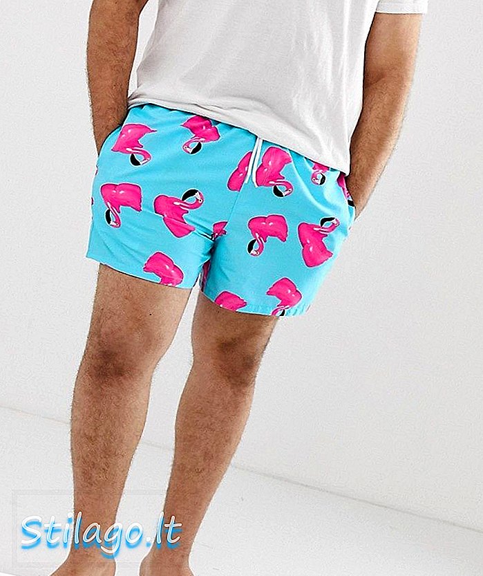 Плувни шорти ASOS DESIGN Plus с фламинго принт с къса дължина-син
