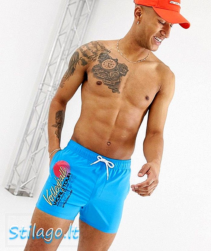 Plavecké šortky ASOS DESIGN v modrej farbe s krátkou športovou potlačou