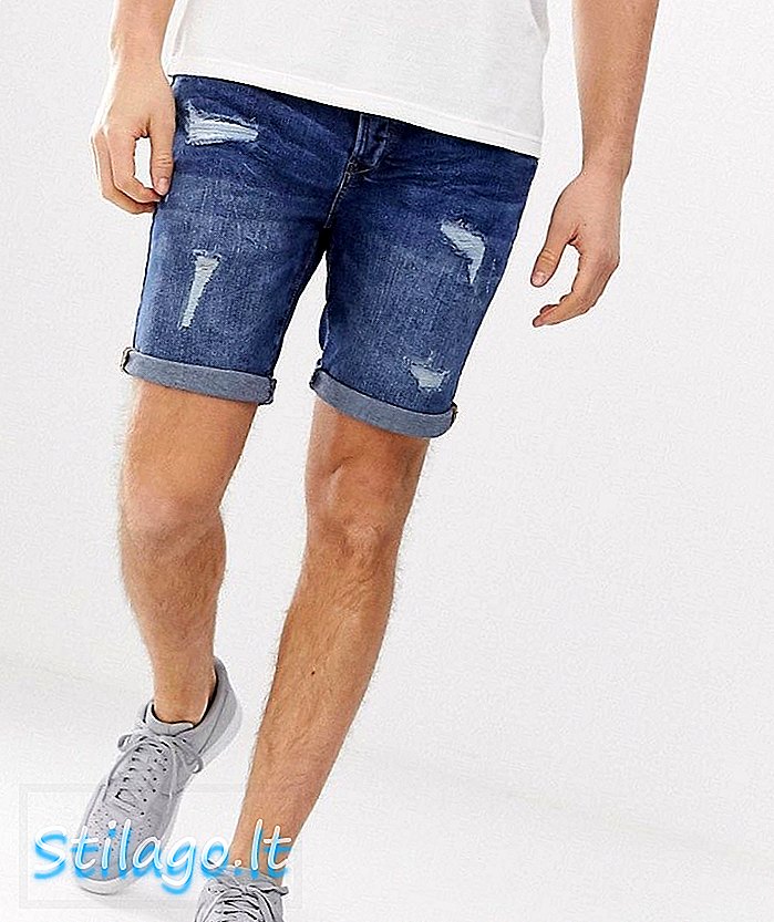 Pantalones cortos de mezclilla de ajuste regular sólidos con rasgadura y reparación en lavado azul