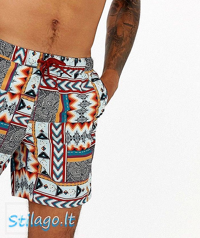 Pantaloni scurți de înot ASOS DESIGN cu imprimeu aztec cu patchwork în lungime de culoare albă