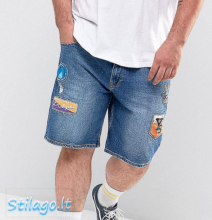 Shorts de mezclilla delgados en azul medio con parches de ASOS PLUS