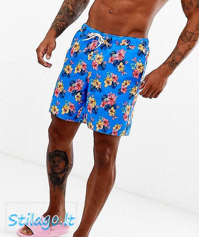 ASOS DESIGN celana pendek berenang dengan motif bunga hawaiian mid length-Blue