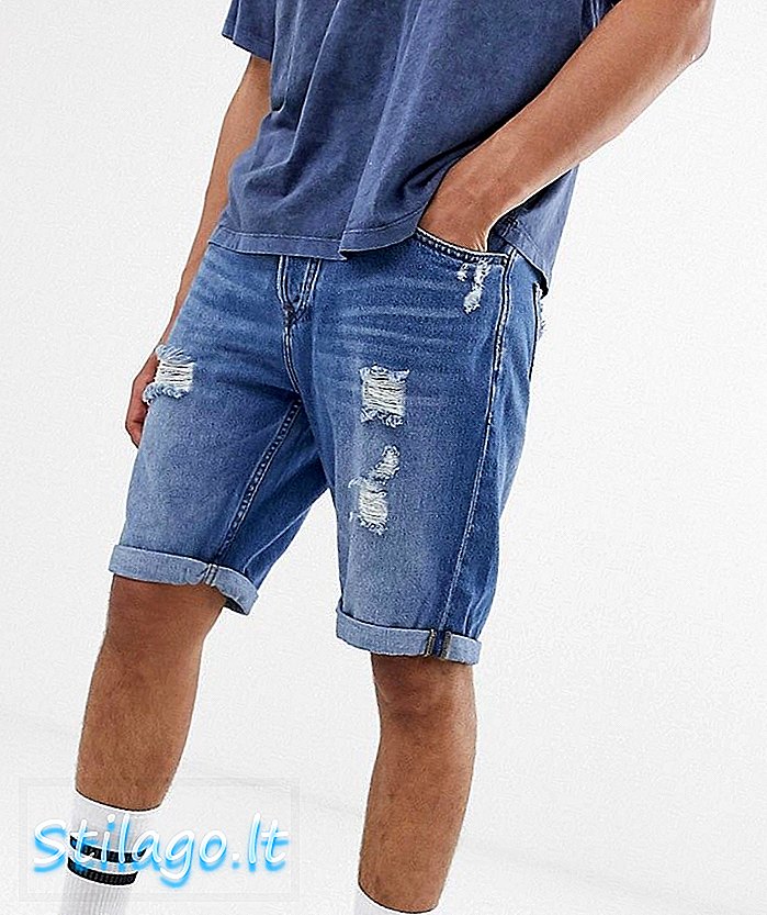 Shorts in denim con dettagli abrasivi Only & Sons di colore blu medio