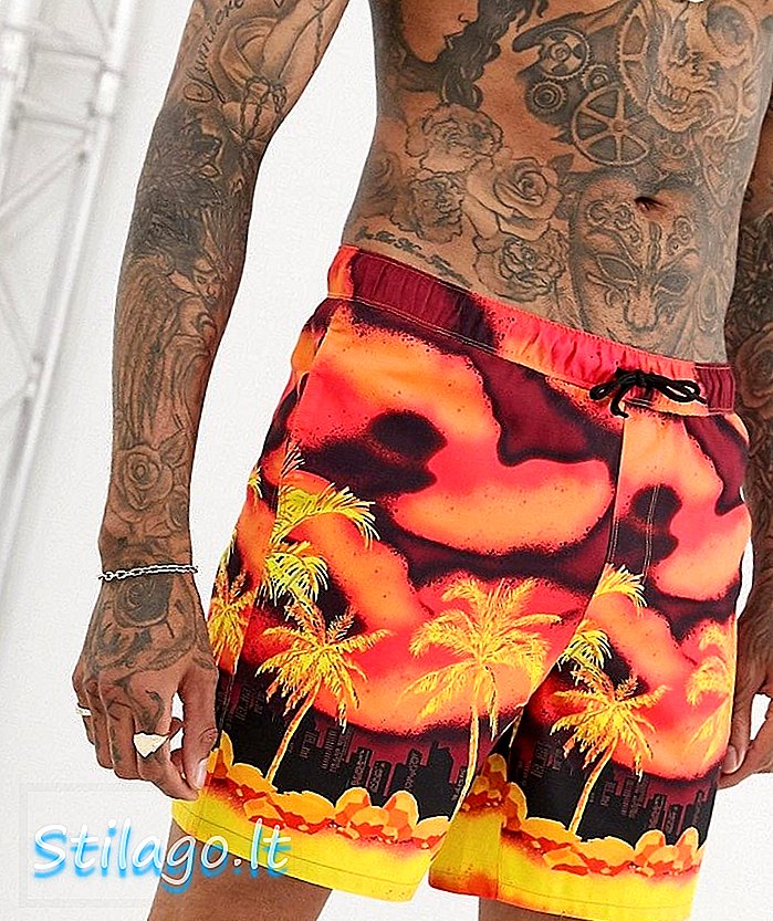 ASOS DESIGN plavecké šortky v designu plážové scény střední délky - oranžová