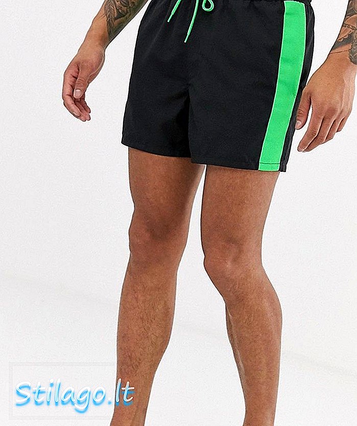 ASOS DESIGN กางเกงขาสั้นว่ายน้ำพร้อมแถบสีเขียวนีออนตัดกันและสายดึงสั้น - ดำ