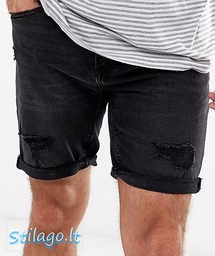 Pull & Bear quần short denim mỏng trong màu đen-xanh giặt