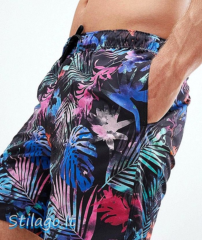 ASOS DESIGN - Pantaloncini da bagno con stampa tropicale colorata a metà lunghezza-Nero