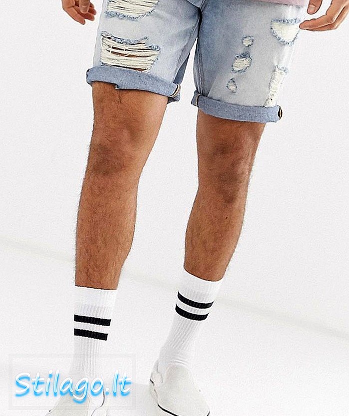 ASOS DESIGN denim shorts i tynn lett vask med kraftige rips-Blue