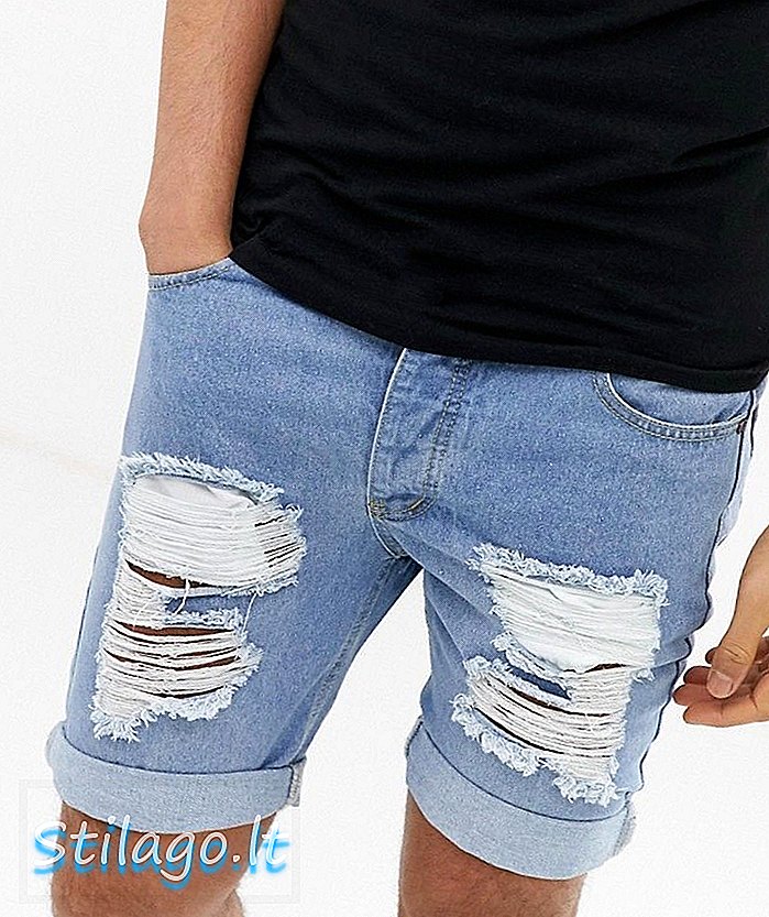 boohooMAN short skinny en jean avec déchirures en bleu