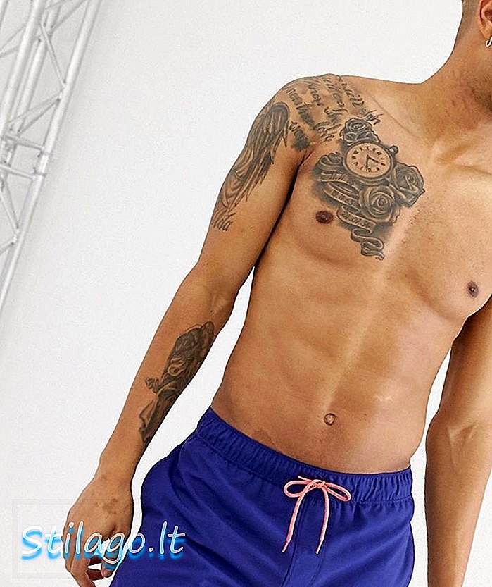 Shorts de baño de ASOS DESIGN con dobladillo de cinta azteca de longitud corta-Azul marino