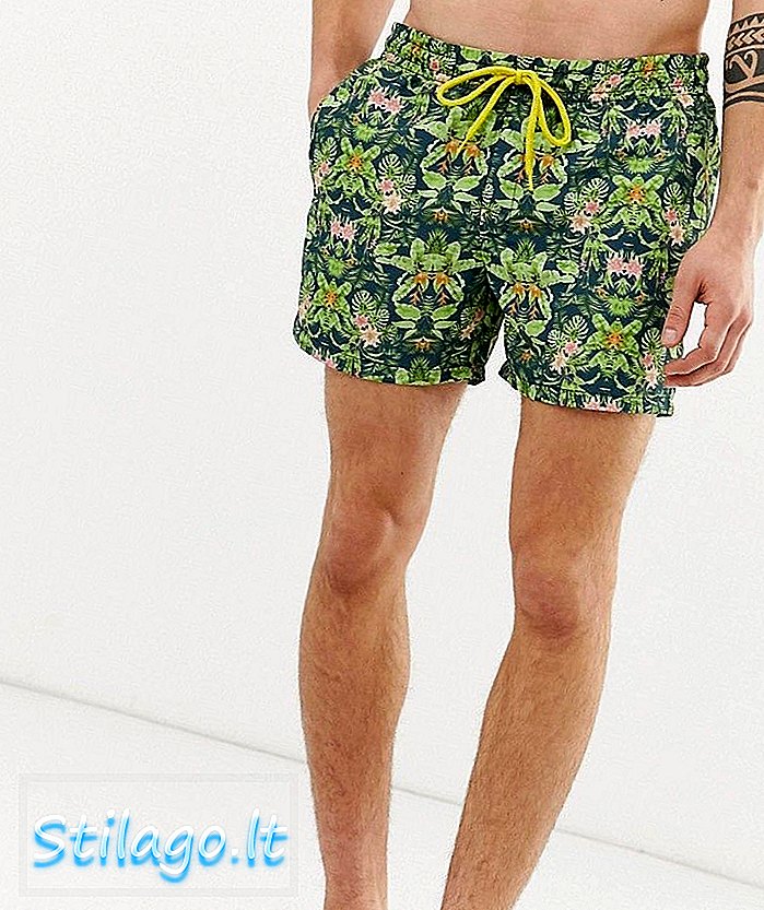 กางเกงว่ายน้ำขาสั้นพิมพ์ลายทรอปิคอลเลอเบรฟ - สีเขียว