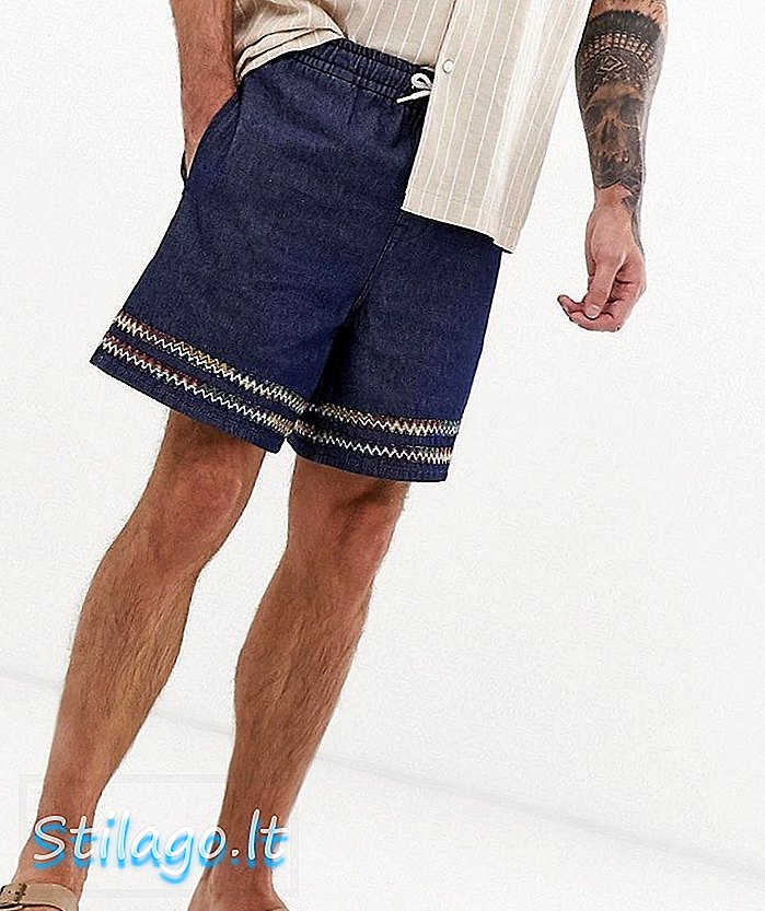 ASOS DESIGN celana pendek denim dengan pita cetak dalam warna indigo-Blue