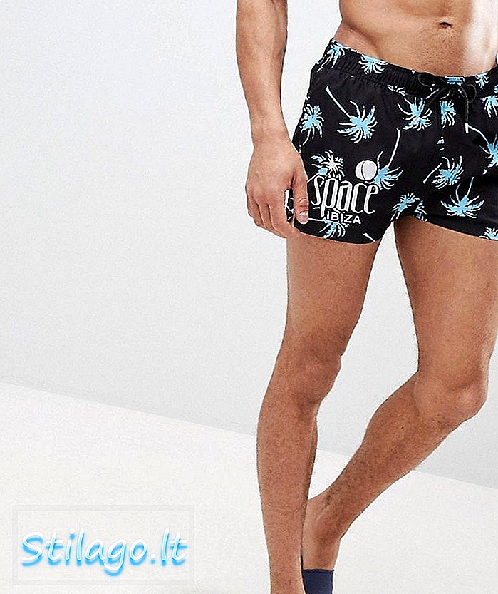 ASOS DESIGN กางเกงว่ายน้ำ Co-Ord พร้อม Space Ibiza และ Palm Print ที่มีความยาวสั้นสุด - สีน้ำเงิน