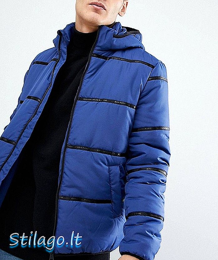 Only & Sons kapşonlu puffer ceket, marka bant detaylı-Mavi