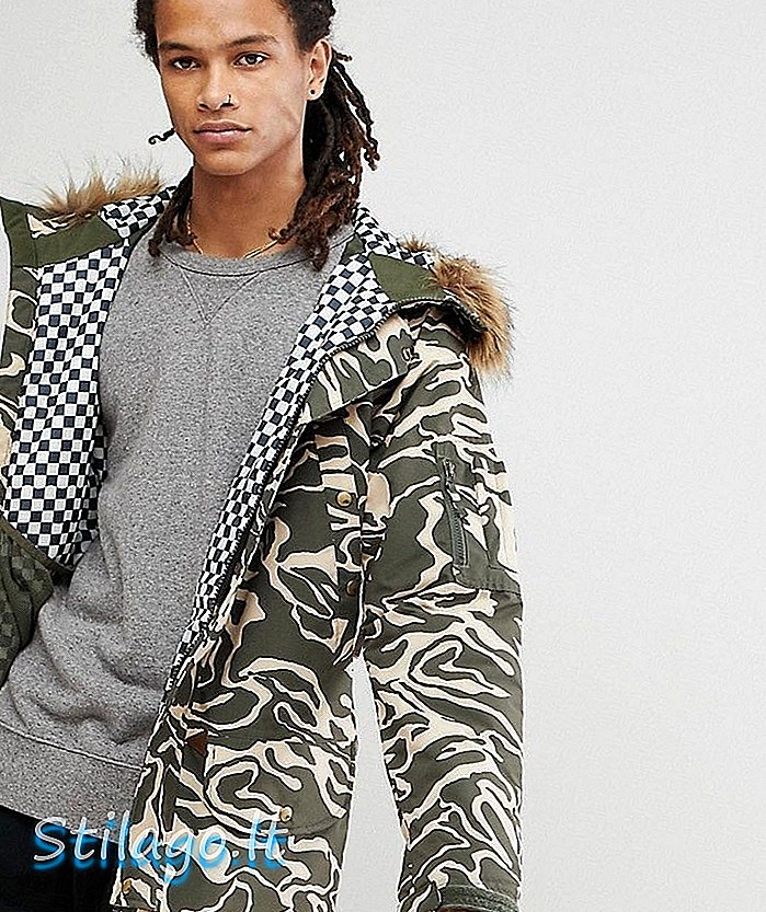 Analog Frazier snowboard parka terisolasi dengan hood bulu palsu dilepas di camo-Green