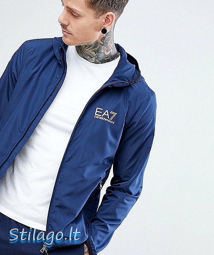 Armani EA7 blusão de nylon com capuz com zíper através do casaco na marinha
