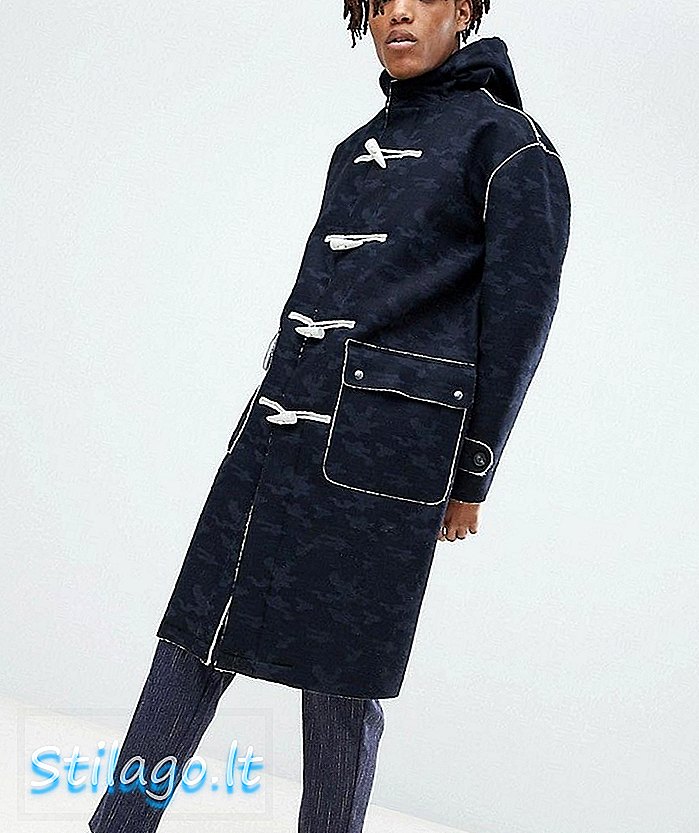 ASOS Faux Shearling Duffle Coat in Camo Print-Black