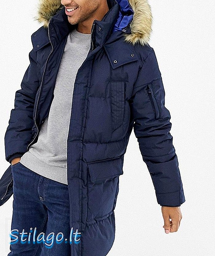 Parka bershka blu scuro con cappuccio in pelliccia sintetica