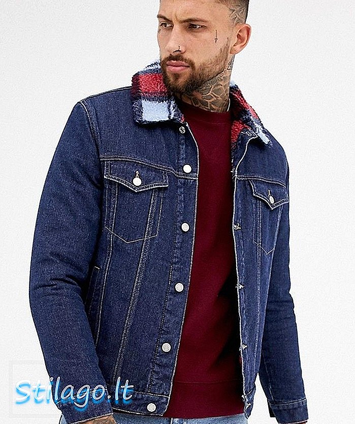 boohooMAN giacca di jeans foderata di borg a quadri blu