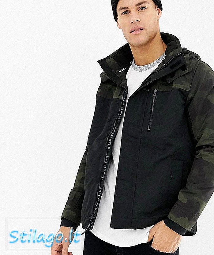 Hollister Fleece gefütterte Kapuzen-Farbblockjacke in Schwarz / Camouflage