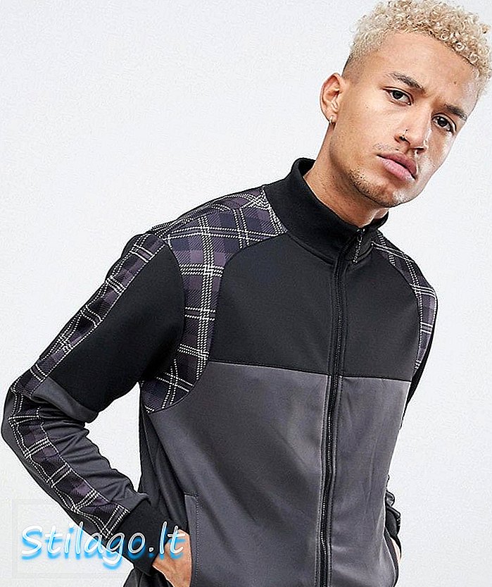 Night Addict Paneled Tartan Zip Thru Trackuit Jacket-Black