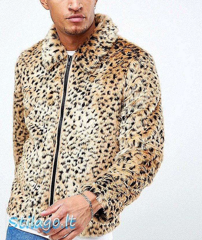 ASOS DESIGN jaket barat bulu palsu di leopard print-Tan