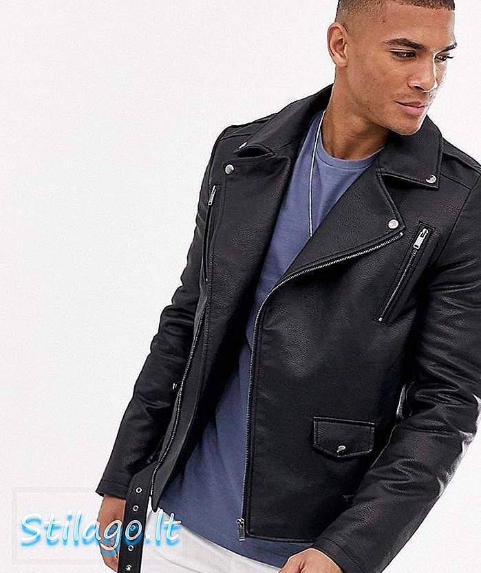 ASOS DESIGN jaket biker kulit imitasi warna hitam