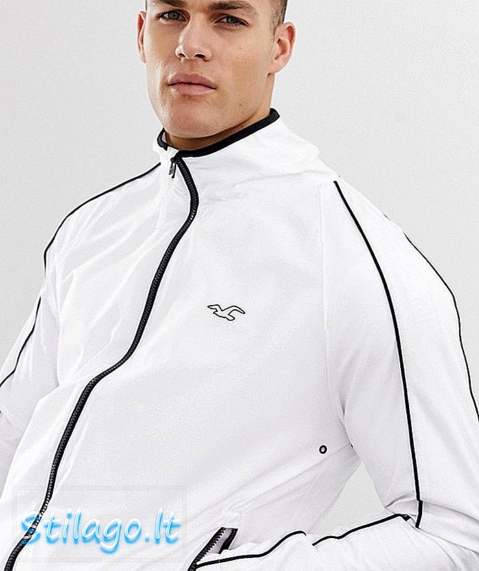 Hollister jersey berlapis tudung jaket kontras ikon paip dengan warna putih