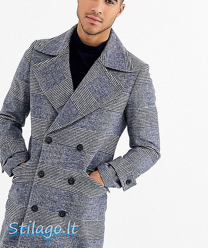 Gianni Feraud Premium Wool Blend Oversized Peak Lapel Check Military Coat-Blue