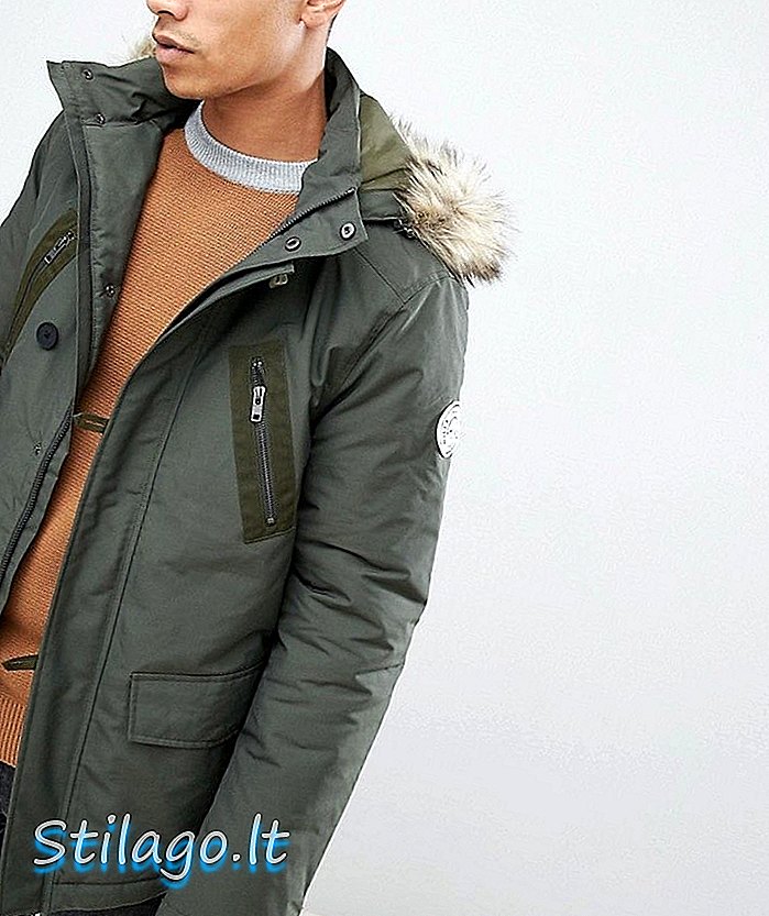 Jack Wills Newton parka striukė su dirbtinio kailio gobtuvu, chaki-green