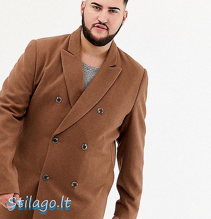 ASOS DESIGN Plus - Cappotto doppio petto in misto lana color marrone scuro cammello