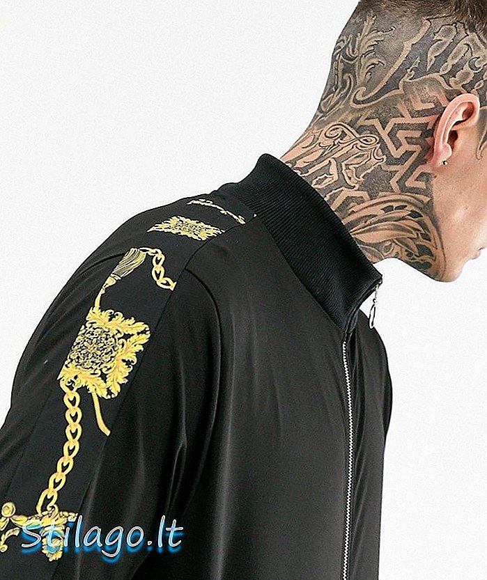 ASOS डिजाइन सह धारी और बैरोक प्रिंट-ब्लैक में पॉली ट्राईकोट ट्रैक जैकेट