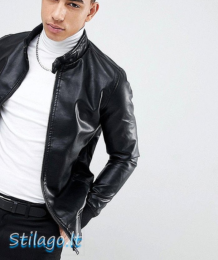 Soul Star stanset faux læder lynlås gennem jakke-sort