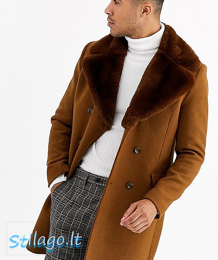 Gianni Feraud Premium Faux Fur Collar Cashmere Double Breasted Overcoat-Brown