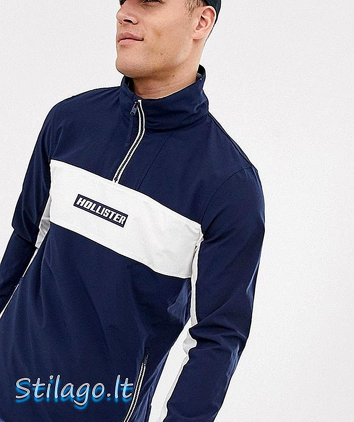 Hollister Mesh gefütterter Colourblock Overhead Anorak Jacke Brust Logo in Marine / Weiß blockiert