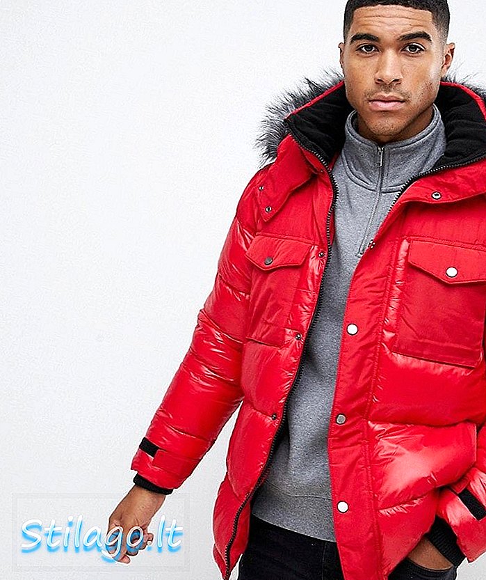 River Island puffer jaka ar mākslīgās kažokādas kapuci sarkanā krāsā