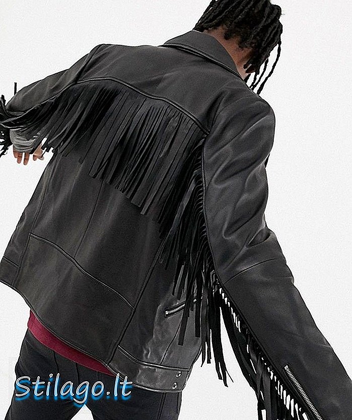 Jaket biker kulit ASOS DESIGN dengan perincian jumbai berwarna hitam
