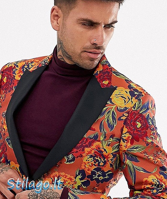 Узкий пиджак в смокинге с цветочным жаккардом ASOS DESIGN оранжево-красного цвета