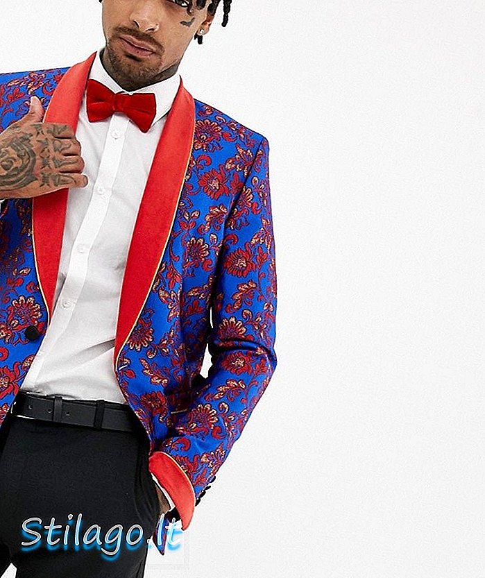 ASOS EDITION - Skinny blazer van blauw en rood jacquard met bloemen en sjaal revers